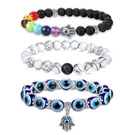 PANSHI Evil Eye Bracelets for Women Teens Chakra Crystal Beaded Bracelet Set Hamsa Amulet Protection Jewelry