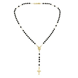 Religious Black Bead Blessed Mother Virgin Mary Rosary Beads Crucifix Cross Necklace for Women Teen Gold Plated