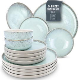 24 Piece Dinnerware Sets for 8 - Modern Style Stoneware Dinnerware Set - Microwave Safe Dinner Plates and Bowls Sets for 8, Ceramic Dish Set, Bowl and Plate Sets for 8, Beige Light Blue Set for 8