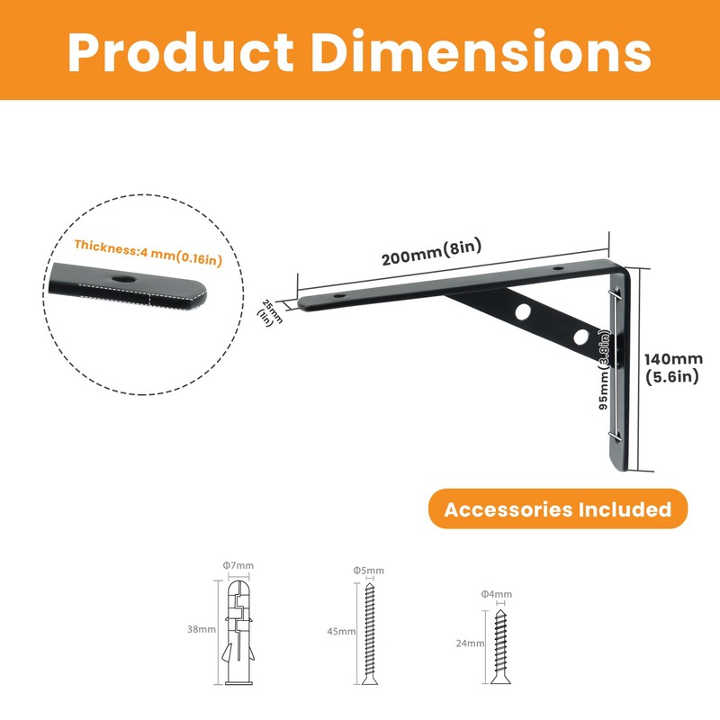 Mooche 2Pcs Shelf Brackets Black, Heavy Duty Stainless Steel Triangle