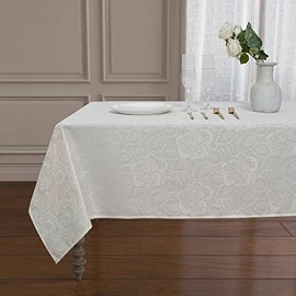 PREMIUS Laura Oblong Rose Floral Jacquard Tablecloth, Elegant Look & Constructed with Vintage Floral Pattern & Bold Motifs, Wrinkle & Water Resistant (Beige, Table Cloth-56x102 Inches)
