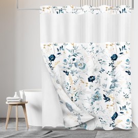 Tititex No Hooks Snap in Liner Rustic Blue White Floral Shower Curtain, Hotel Luxury Double Layers Waterproof Fabric & See-Through Top Window Bathroom Decorative 72x72 Inch