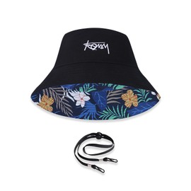 LumiSyne Unisex Reversible Fishing Hat Plain with Letters Embroidery/Hawaiian Style Print Double-Sided Cotton Bucket Hat with Removable Chin Strap Foldable Bucket Hat Sun Hat for Summer Beach Travel,
