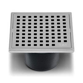 QM Square Shower Drain, Grate Made of Stainless Steel Marine 316 and Base Made of ABS, Lagos Series Mira Line, 4 inch, Satin Finish, Kit Includes Hair Trap/Strainer and Key