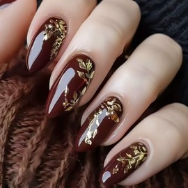 24Pcs Brown Press on Nails Medium Almond False Nails Fall Press on Acrylic Nails with Gold Leaf Design Fake Nails Full Cover Glue on Nail Glossy Artificial Autumn Stick on Nail for Women