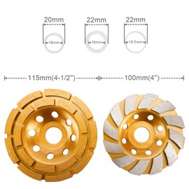 Toolly 2 Pack Diamond Cup Grinding Wheel, Including 4-1/2 Inch Double Row Grinding Wheel, 4 Inch 12-Segment Turbo Row Grinding Wheel Angle Grinder Disc for Grinder Polishing and Cleaning Stone