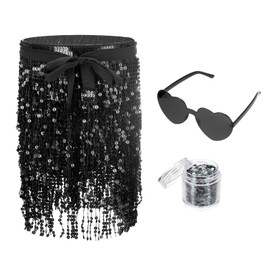 PATIKIL Women's Sequin Tassel Skirts, 3 Pack Rave Fringe Sparkle Skirt with Heart Sunglasses and Face Glitters for Women Festival Party Costume, Black