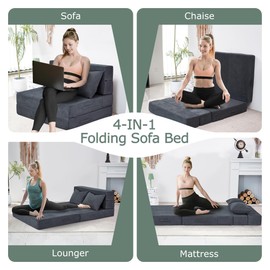 HILERO Folding Sofa Bed, 4 in 1 Convertible Sleeper Chair with Pillow, Twin Memory Foam Fold Out Chair Bed, Modern Floor Futon Sofa Couch Mattress for Living Room/Guest/Apartment, Dark Grey