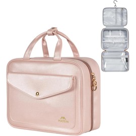 MATEIN Neceser y Cosmetiquera de Viaje para Mujer, Rosa Impermeable, Gancho Giratorio 360, Compartimentos Organizados, Bolsillos Transparentes,para Maquillaje y Artículos de Tocador