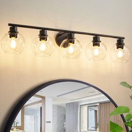 Lanmate Bathroom Light Fixtures Over Mirror 5-Lights Bathroom Vanity Light with Clear Globe Glass Shade 37.4 inch Modern Black Vanity Light Wall Sconce Vanity Light Bathroom Light for Bath