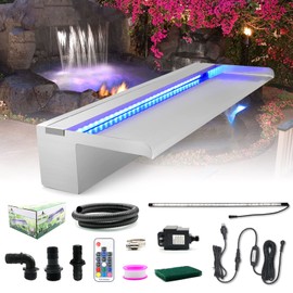 LONGRUN Pool Fountain Stainless Steel Outdoor Pond Spillway Waterfall with Wider Water Flow Platform Multi-Color LED Light Spray Indoor Waterfall Fountains for Garden-23.6" x 8" x 3.94"(W x D x H)