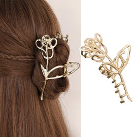 Flower Hair Clip Gold Metal Rose Flower Hair Claw Clip Strong Hold Jaw Clips Gold Rose Design Non-Slip Valentine's Day Hair Accessories for Women and Girls Thick Thin Long Hair