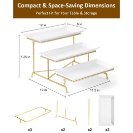 Yedio 3 Tier Serving Tray Set Porcelain Tiered Serving Platters, Collapsible Sturdier Stand with Stable Cross Bars, 12 Inch Three Layer Serving for Party Entertaining Food Display Fruit Dessert