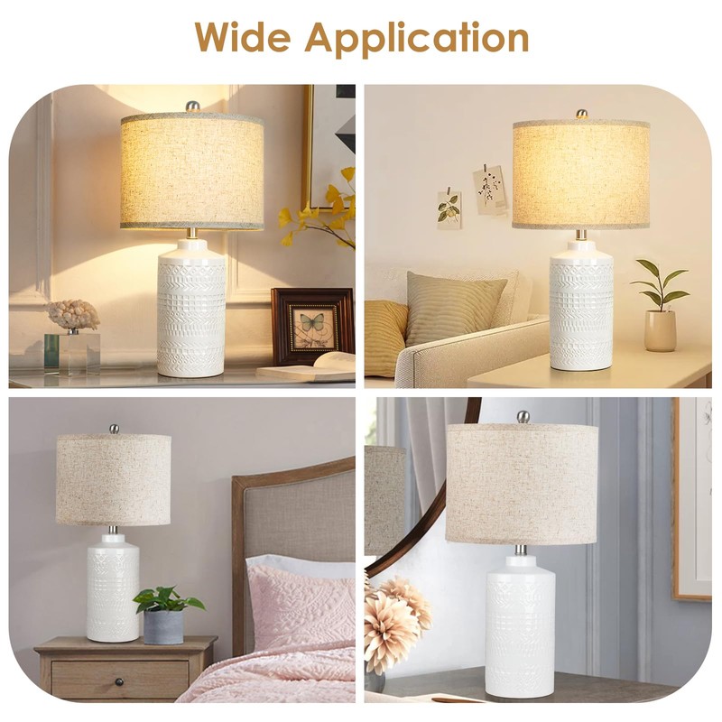 JUNNAI White Ceramic Table Lamp with Beige Shade: 3-Way Dimmable