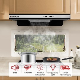 CAMPLUX RV Range Hood 22 Inches, Vented Range Hood with LED Light and Exhaust Fan 12V DC for RV, Tiny House, Trailer and Yacht