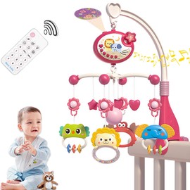 Móvil para Bebé Cuna Musical, Cuna Musical para bebé con Proyección de Luz de Estrellas,Móvil de Bebé para Cuna con Rotación de 360°con Control Remoto,Regalo para Recién Nacido (Rojo)