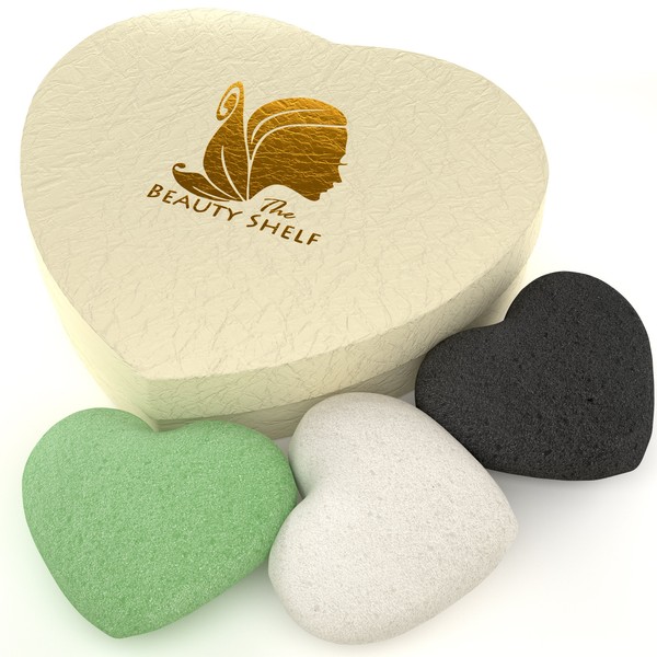 Konjac Sponge Set, 3 Pack Exfoliating Facial Sponges - Heart Shape - Pure Konjac Glucomannan with Activated Bamboo Charcoal, Green Tea, Natural White - For All Skin Types - The Beauty Shelf