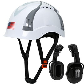 Aolamegs Safe Hard Hat with Chin Strap and Hearing Protection-OSHA Approved Construction Hard Hats with Earmuffs for Men Women,Vented Forestry Chainsaw Arborist Helmet,6 Point Suspension White Hardhat