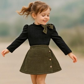 Toddler Girl Plaid Outfits Fall Winter Dress Knit Ribbed Bow Sweatshirt Tops and Button Fashion Skirts Set（Army Green,2T