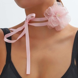 Inateannal Vintage Flower Choker Necklace Pink Flower Lace Necklace Large Rose Choker Necklace Goth Pink Flower Collar Necklace Long Wrap Suede Necklace Jewellery for Women and Girls, Zinc, No