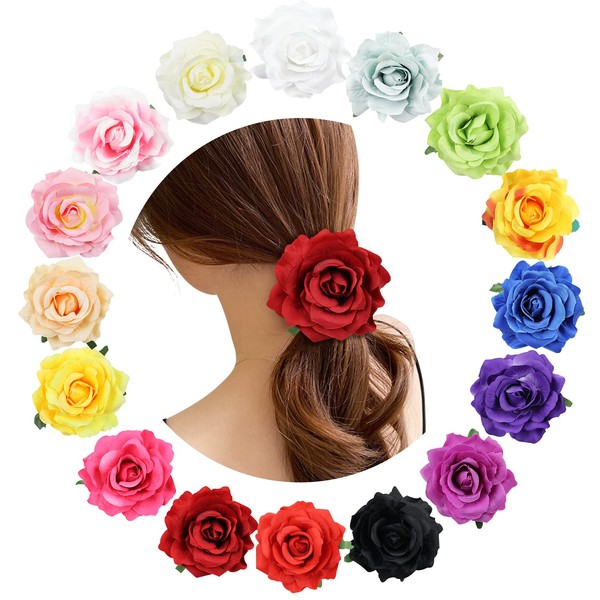 16 Pack Colorful Handmade Large Rose Flower Hair Bow Wreath Garland Elastic Stretchy Hair Ties Ponytail Holder Band Scrunchies Ring Decorative Accessories for Women Wedding Bridal Party Hairstyles