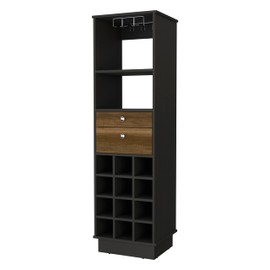 FM FURNITURE Hype Bar Cabinet with 12 Wine Cubbies, 2 Drawers, Glass Rack, and Shelf, Black and Walnut