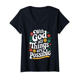 Womens With god All Things Are Possible Women Christian Bible Verse V-Neck T-Shirt