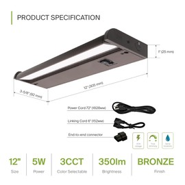 ASD Swivel LED Under Cabinet Lighting Plug in or Hardwired 12 Inch, Dimmable Under Cabinet Lights with High/Low/Off Switch, 3CCT 2700K-4000K, Linkable Under Counter Lights for Kitchen, Bronze, ETL