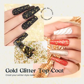 MIZHSE Gold Glitter Top Coat Gel Nail Polish, Glitter Nail Gel Polish Sparkle Shiny Christmas Soak Off U V LED Nail Gel for Nail Salon & Home DIY Manicure 1PC 10ml