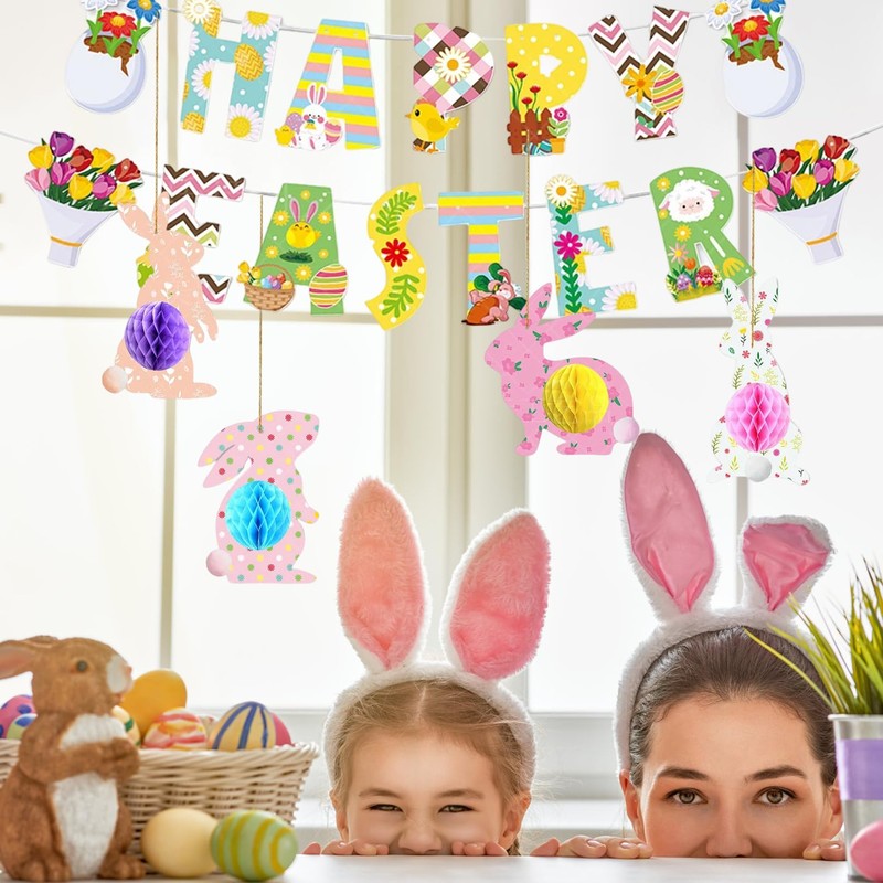 19 Pcs Easter Decorations,Easter Bunting,Easters Bunny Table Decorations For Home