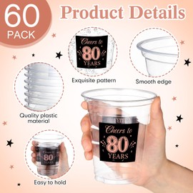 Amyhill 60 Pack 80th Birthday Plastic Cup Bulk 12 oz Rose Gold Disposable Clear Birthday Party Cups for Men Women Decorations Party Favors Anniversary