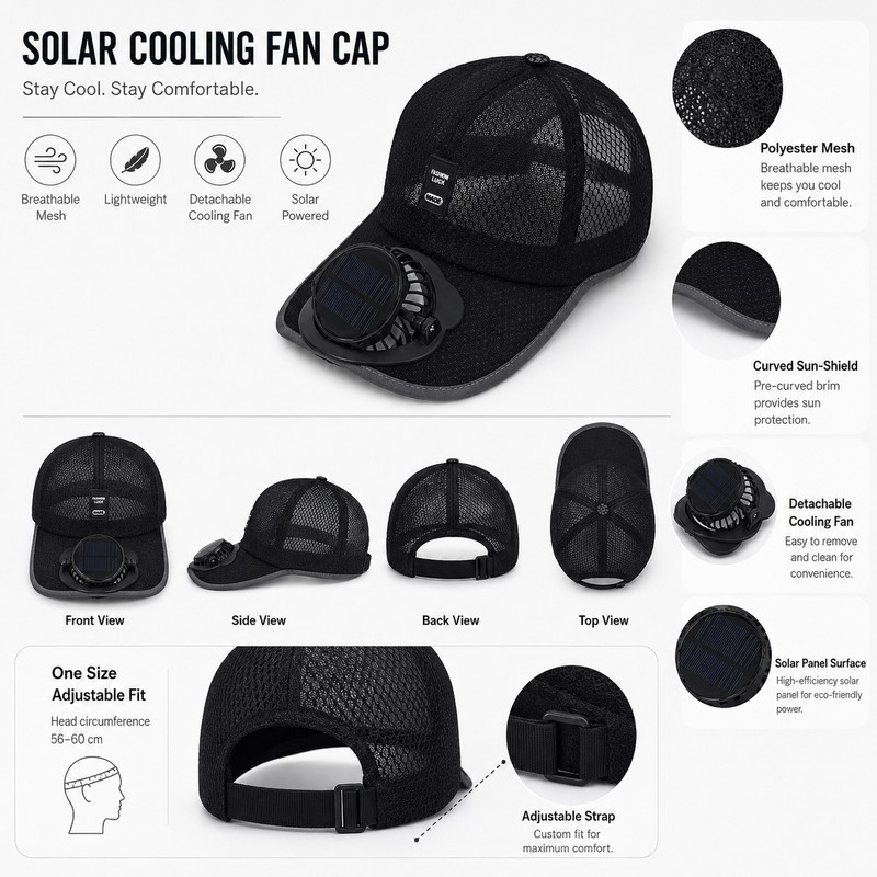 Solar Powered Fan Cap for Outdoor Cooling – USB Rechargeable