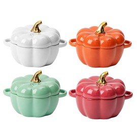 FYUEROPA Pumpkin Bowl Set with Lid and Handle, Set of 4 Ceramic Ramekins for Baking, Casserole Dish Individual Severing Pot, Stoneware, Oven Safe, 14 Oz (Four Colors)