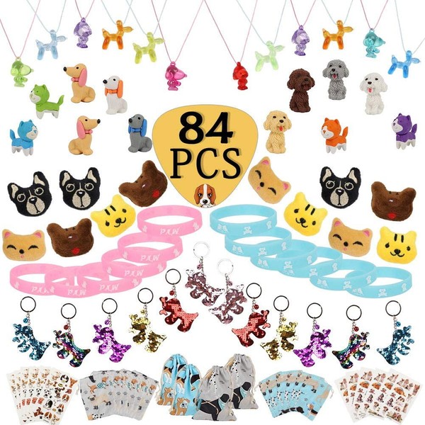 84 Pcs Dog Paw Party Favos Set Toy Pack- Dog Brooch Necklace Keychain Luminous Bracelet Tattoo Sticker Erasers Puppy Gift Bag for Kids Birthday Goody Bags Animal Theme Supplies