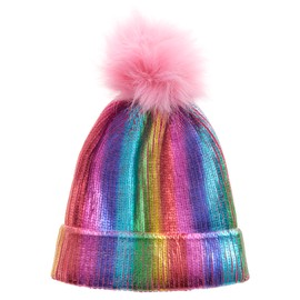 Kids Girls Winter Hat Chunky Head Cover Pom Pom Rainbow 2-6 Years