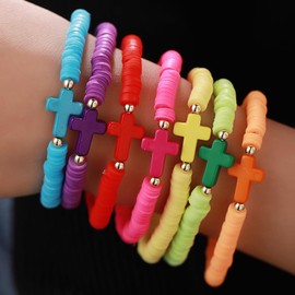 Heishi Surfer Bracelets Set for Women Men Bohemian Rainbow Stackable Clay Beaded Bracelets Christian Cross Gifts Disc Stretch Preppy Layering Colorful Friendship Summer Beach Bracelets-A