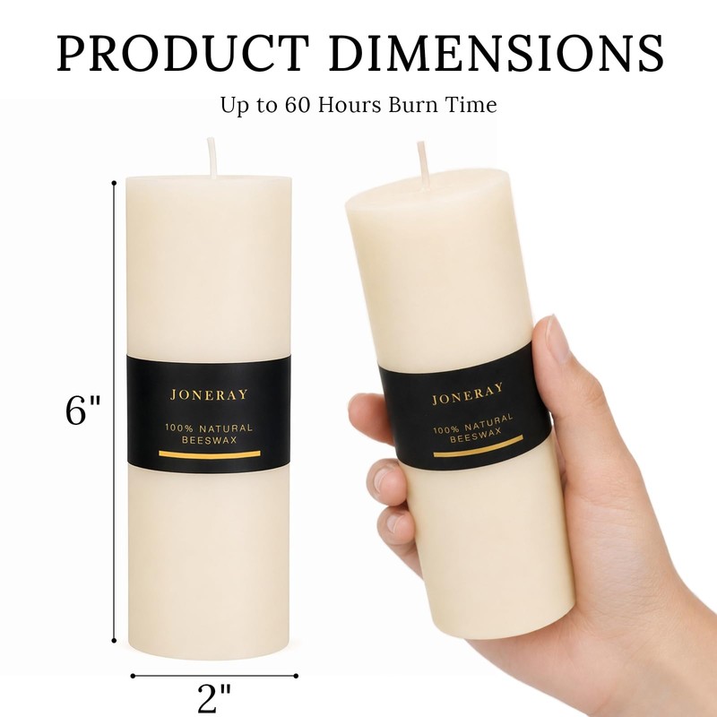 3 Pack Pure Natural Beeswax Pillar Candles, 2×6 Inch Bees