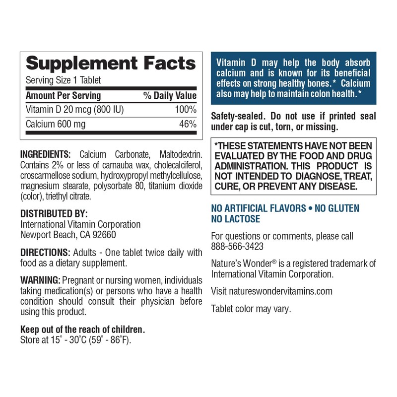 Nature's Wonder Calcium 600 mg with Vitamin D3 20 mcg