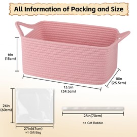OIAHOMY Woven Basket, Gift Basket Empty with Gift Bags and Ribbons, Rope Basket for Baby Showers, Storage Basket with Handles for Nursery, Pet Toy Basket - Pink