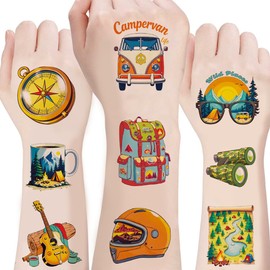 100Sheets Camping Temporary Tattoos Birthday Themed Party Supplies Decoration Favors Cute Camping Sticker for Kids Boys Home Activity Class Prizes Carnival Christmas Rewards
