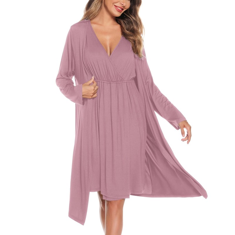 SWOMOG Women Maternity Nursing Gown and Robe Set 3 in