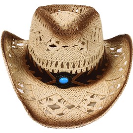 Men's & Women's Western Style Cowboy / Cowgirl Straw Hat with Bull Big Bead Band - Beige