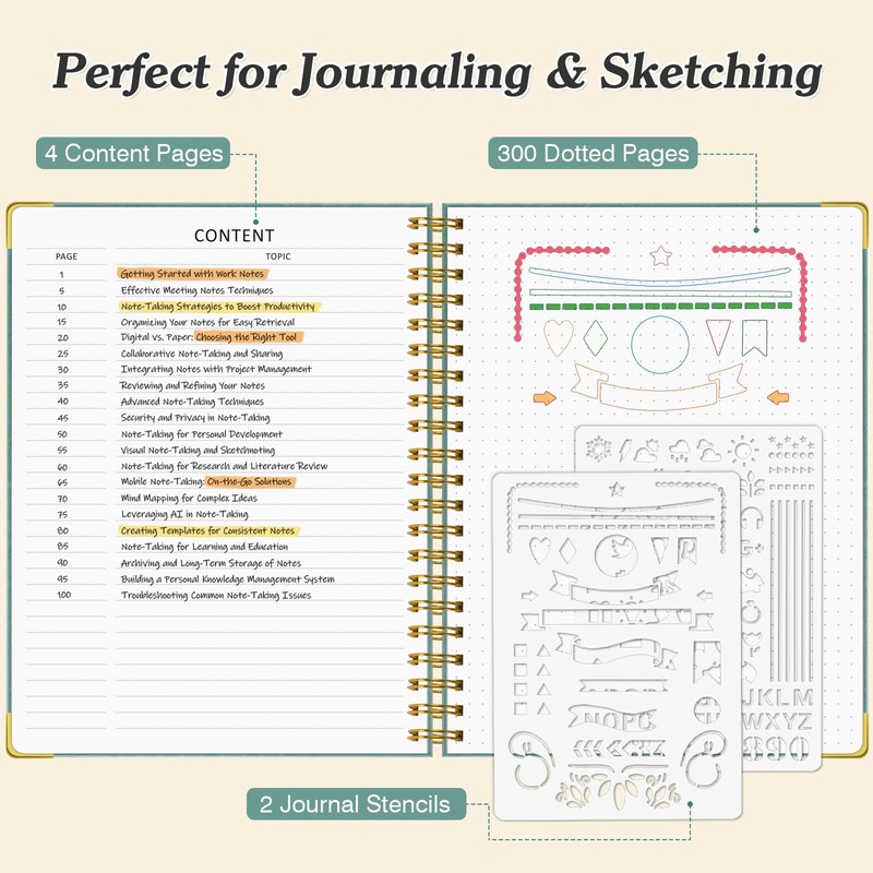 Bullet Dotted Journal Spiral Notebook, 300 Pages Leather Notebooks with