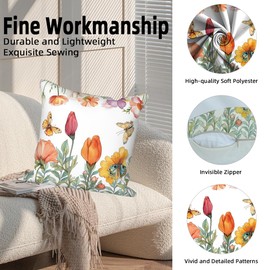 Vie Savaran 4 Pcs/Set Floral Pillow Covers Pink Flowers Green Leaves Colorful Butterflies Nature Plants Rustic Farmhouse Decor Throw Pillow Covers for Outdoor Home Couch Sofa Bedroom, 18"x18"