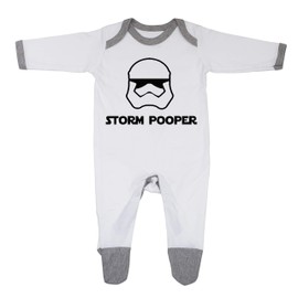 Cheekytots Storm Pooper Baby Sleepsuit – Funny Newborn Romper, 100% Super Soft Cotton, Unisex Baby (0-18 Months) (UK, Age, 12 Months, 18 Months, White/Grey Trim)