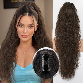 HIUSVO Ponytail Extension Claw 30 Inch Curly Pony Tail Clip in Claw Hair Extensions Fluffy Natural Looking Synthetic Hairpiece for Women - Color: Medium Brown
