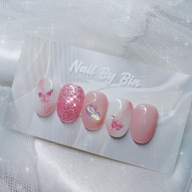 [Handmade Nail Tip] Pink Butterfly Pearl Nails / [수제네일팁] 핑크나비펄 네일