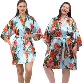 Albornoz Kimono de seda floral Peony para dama de honor, bata para mujer, Azul claro, M