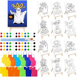 Tenceur 48 Pcs Kids Paint Party Favors Sets with 12 Pcs Pre Drawn Canvas Panel and Wooden Easel Set Paint Pots and Brushes, 12 Pcs Mini Apron and Tote Bag for Kids Student (Pumpkin)