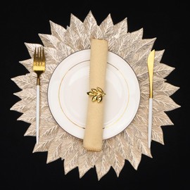 Evevda Leaf Placemats Set of 6 Gold Vinyl Table Placemats Metallic Round Dining Table Mats for Kitchen Dinner Table Home Decor Weddings Birthday Party